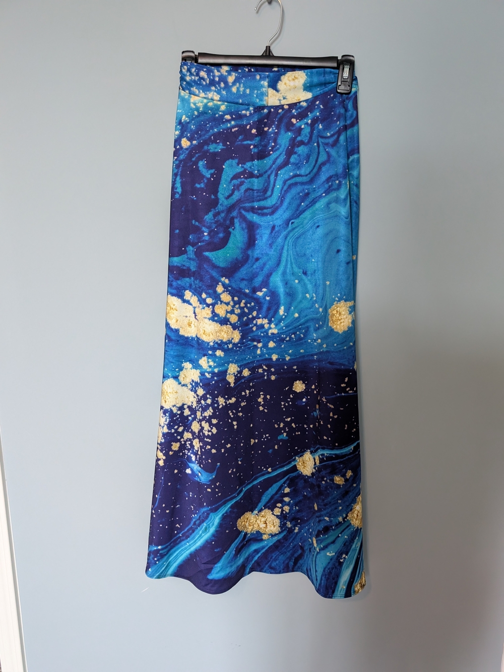 Blue Marble-Print Maxi Skirt with Gold Accents